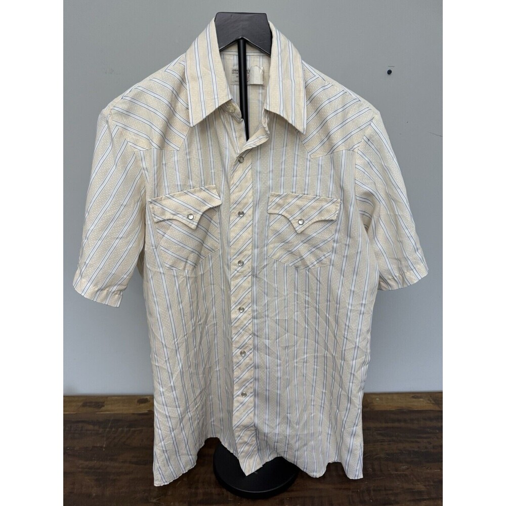 Stockman Size 15 .5 Mens Vintage Western Shirt Beige Blue Stripe Short Sleeve